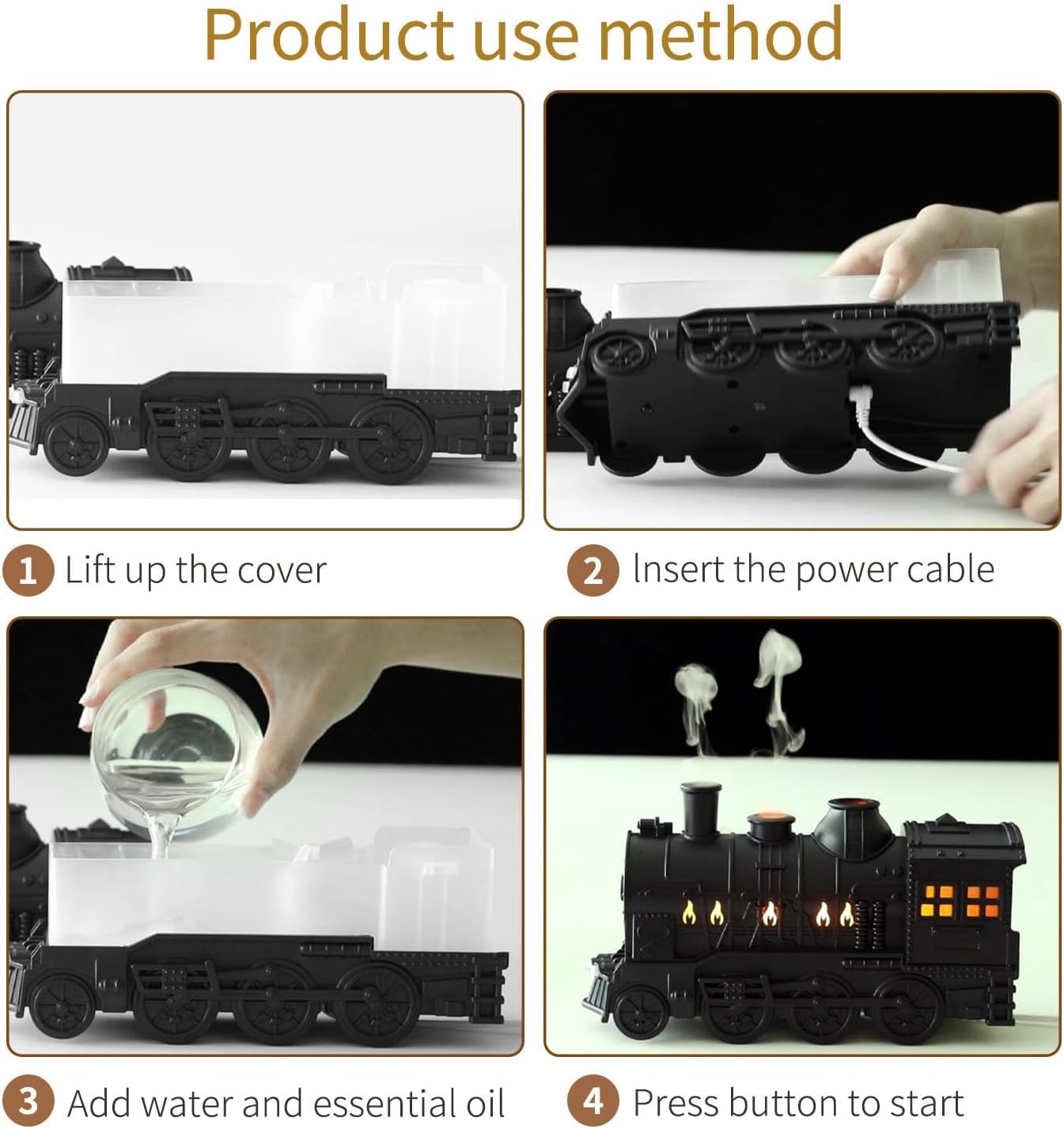 plastic Train Essential Oil Diffuser Ultrasonic Cool Mist Aromatherapy Diffuser Humidifier with Auto Shut-Off and 2 Light 2 Mist Mode,Auto Shut-Off,for Large Room,Home,Office Hotel 300ml